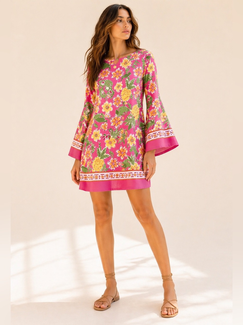 Barbara Erickson Mini Dress Statement Tropical Bell Sleeve Cotton Stretch Size L